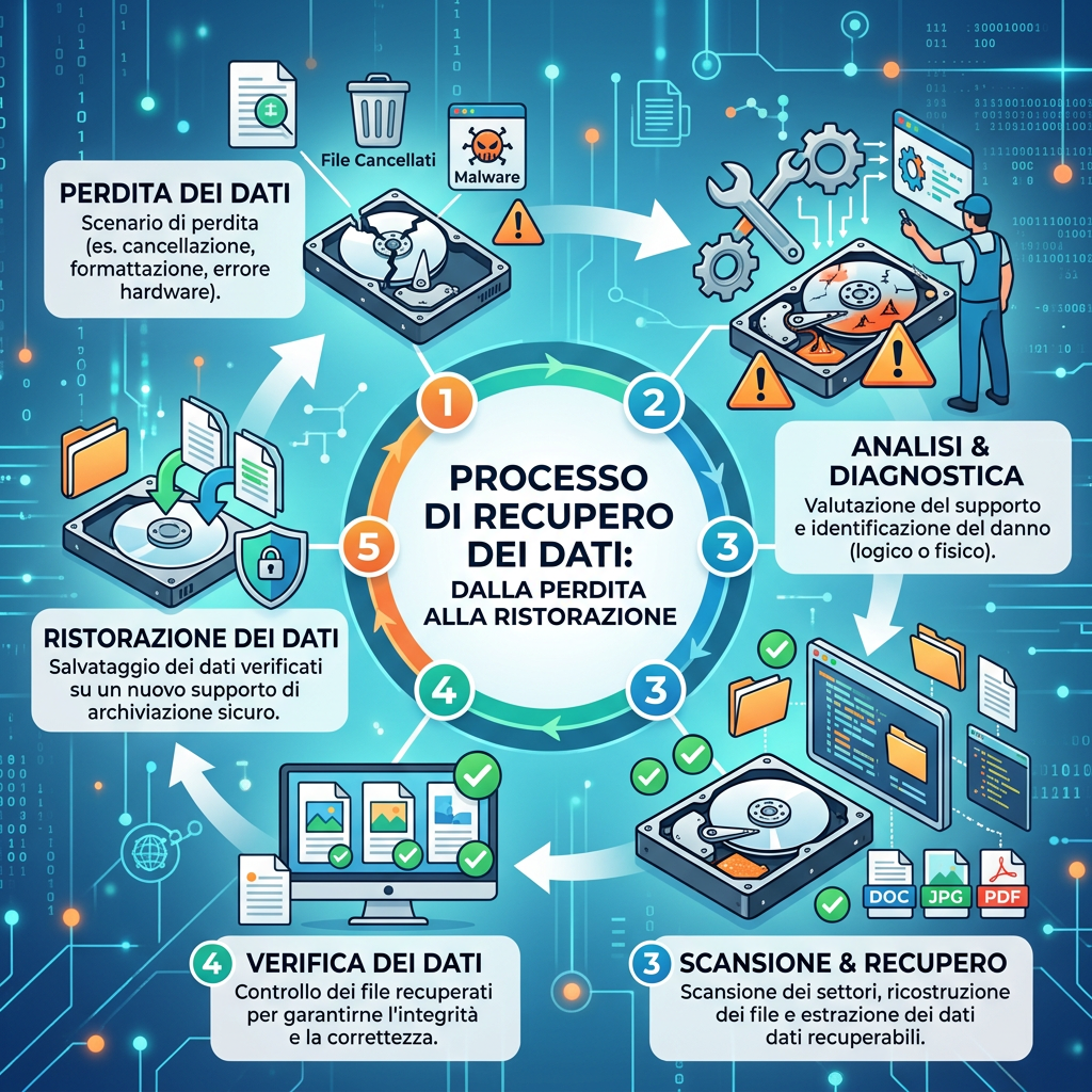Infografica italiana: perdita dei dati, analisi, scansione, verifica e restaurazione dei dati